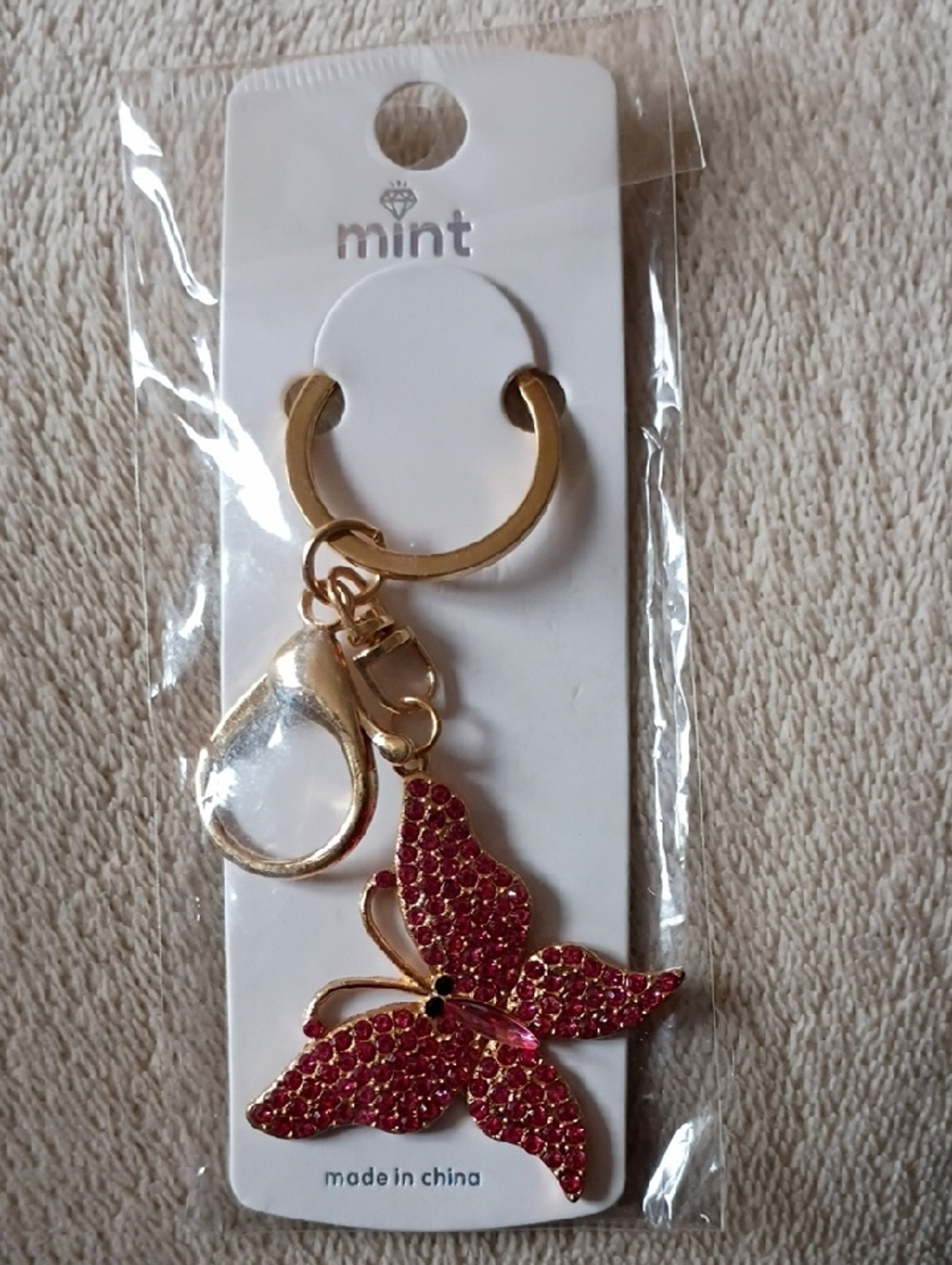 Mint Gold Keychain with Pink Crystal Butterfly Charm